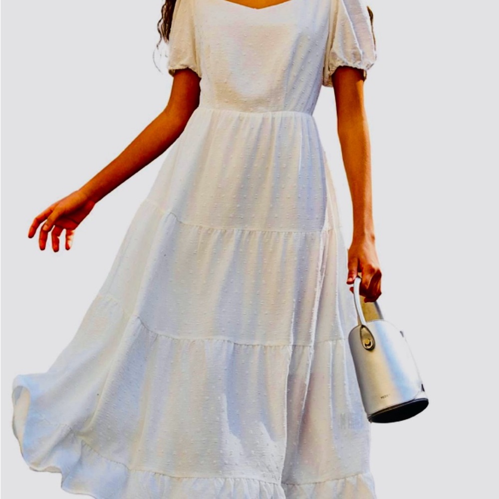 White Tiered Maxi Dress with Puff Sleeves and Scoop Neck